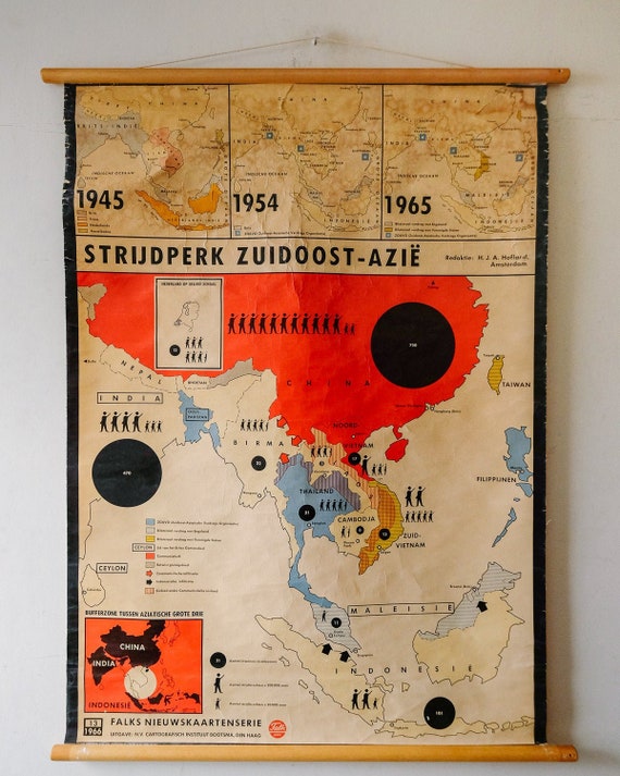 Vintage Mid Century HISTORICAL Wall Chart Dutch ASIAN BATTLEFIELDS Rare
