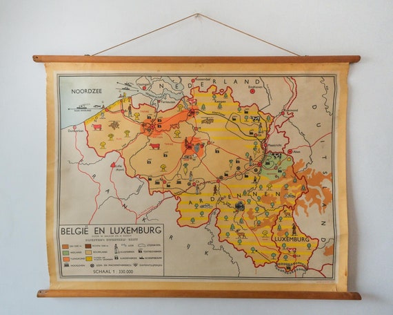 Original Vintage Mid Century Dutch Educational School Wall Chart BELGIUM LUXEMBOURG MAP Geography by Bakker & Rusch