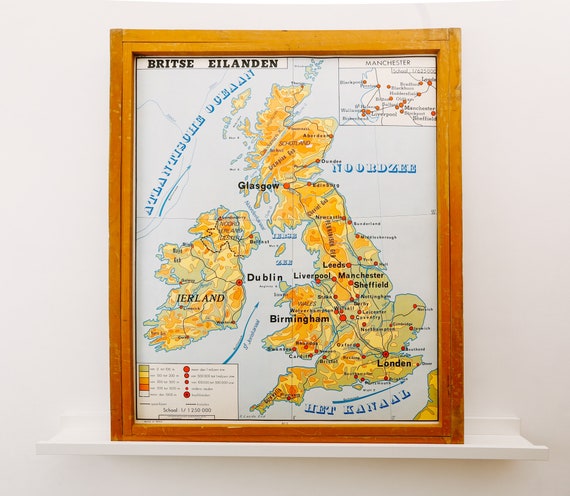 Original Vintage Flemish Educational School BRITISH ISLES England United Kingdom MAP Netherland Holland Geography Map Beautiful Rare