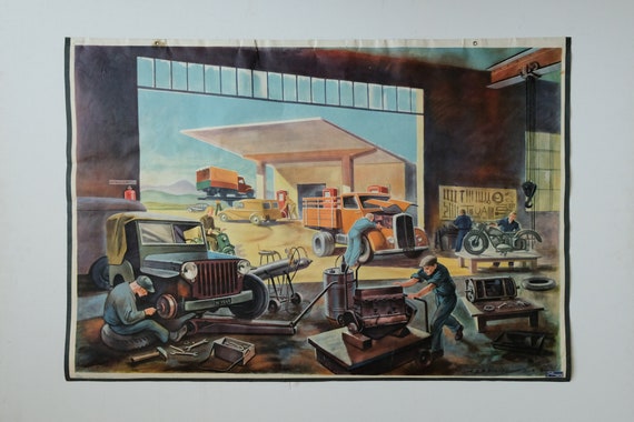 Original Vintage MID CENTURY German Educational School Everyday Scene Car Auto GARAGE Mechanics Rudolf Dirr Artist Decoration Interiors
