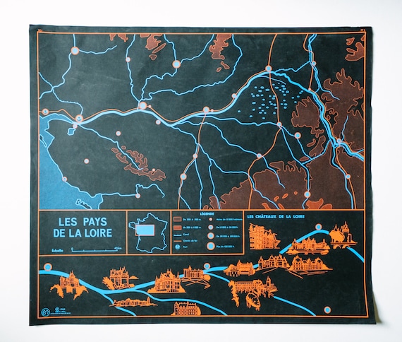 Original 1960s Mid Century Vintage French Educational School Wall Chart NORMANDY LOIRE Region Carte Black Double-Sided Map