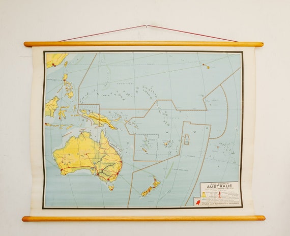 Original Mid Century Vintage Dutch Educational School Wall Chart AUSTRALIA AUSTRALASIA Oceania MAP Quirky Beautiful Rare Bos