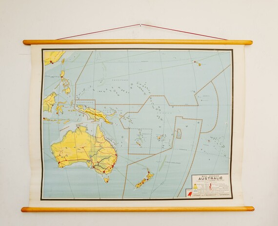 Original Mid Century Vintage Dutch Educational School Wall Chart AUSTRALIA AUSTRALASIA Oceania MAP Quirky Beautiful Rare Bos