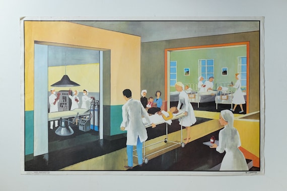 Original Vintage MID CENTURY French Educational School Everyday Scene HOSPITAL Summer Wall Decoration Interiors