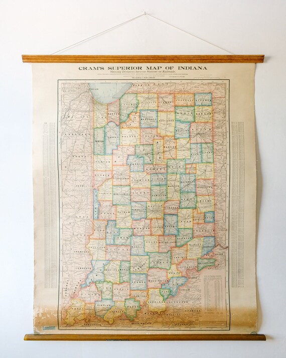 Original Large British Educational School Wall Chart INDIANA State MAP W & A.K. Johnston Nystrom Beautiful Rare