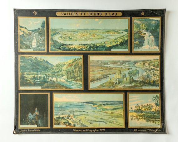 Original Rare 1950s Large Vintage French Educational School Wall Chart VALLEYS and WATERWAYS Decorative Quirky Beautiful Armand Colin