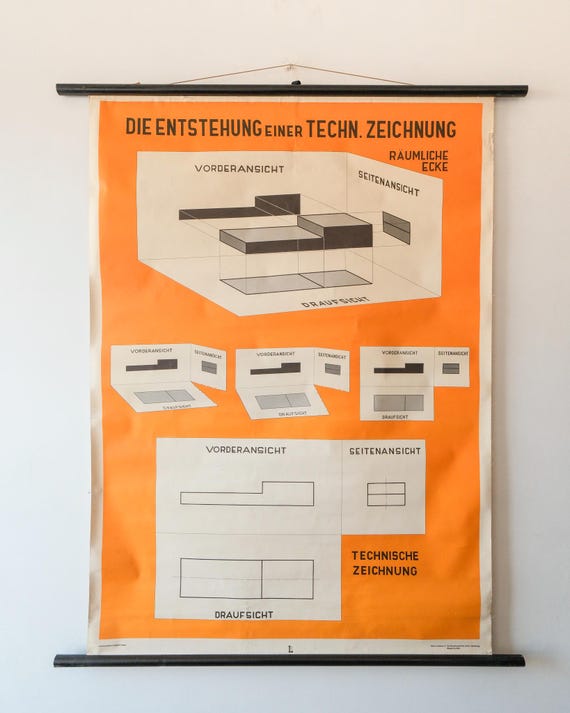 Original SCIENTIFIC Vintage German School Wall Chart Creation of a TECHNICAL DRAWING Educational Graphic Design