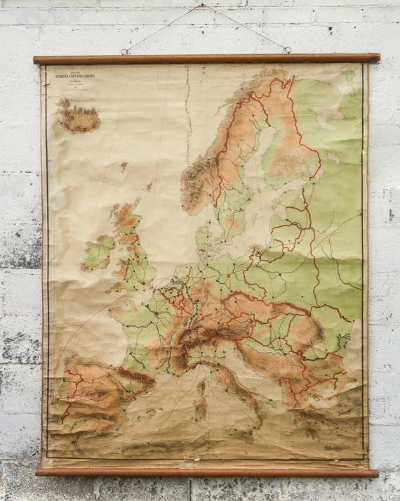 Original Huge Large Vintage Antique Dutch Educational School Wall Chart EUROPE European Continent Vrieze MAP Beautiful