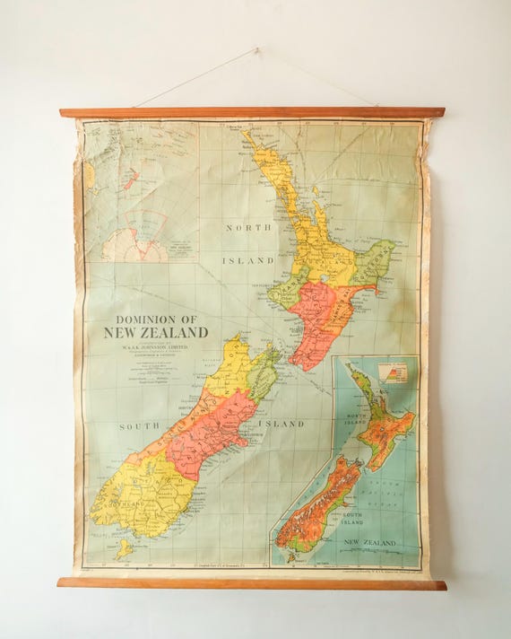 Original 1950s Vintage Mid Century British Educational School Wall Chart NEW ZEALAND MAP Beautiful W Ak Johnston