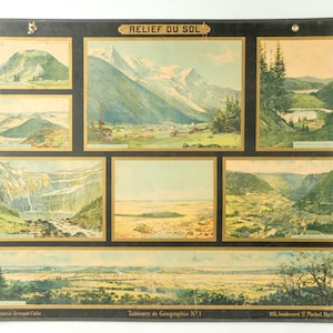 Originele Mid Century Grote Vintage Franse Educatieve School Wandkaart Fysische Geografie RELIEF Decoratieve Bergen Armand Colin