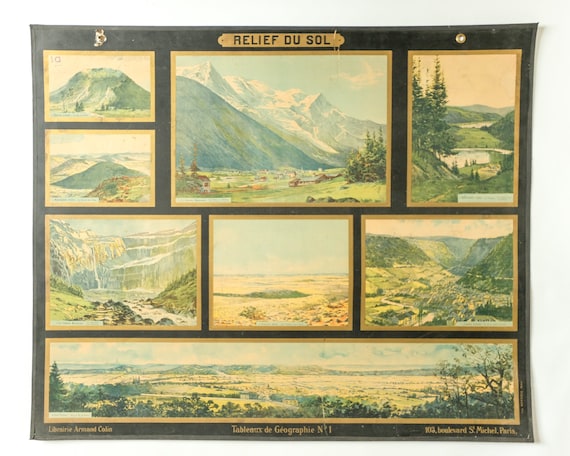 Original Mid Century Large Vintage French Educational School Wall Chart Physical Geography RELIEF Decorative Mountains Armand Colin