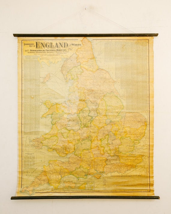 Original Vintage ANTIQUE Geographical Educational School Wall Chart Scarborough's Map of ENGLAND and WALES