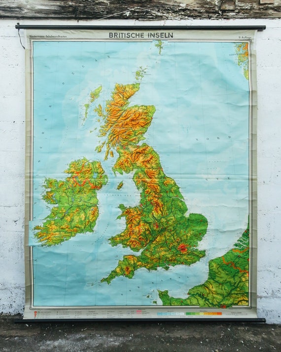 Original Huge Large Vintage Mid Century German Educational School Wall Chart BRITISH ISLES UK Continent Westerman Map Beautiful
