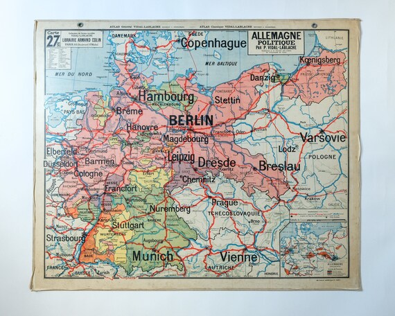 Original Mid Century Large Vintage French Educational School Wall Chart GERMANY MAP Deutschland Vidal Lablache