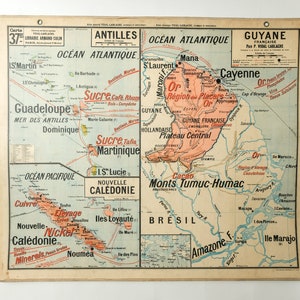 Original Large Vintage Mid Century Double-Sided French School Wall West AFRICA Guyana Nuova Caledonia Antille MAP Rare Vidal Lablache