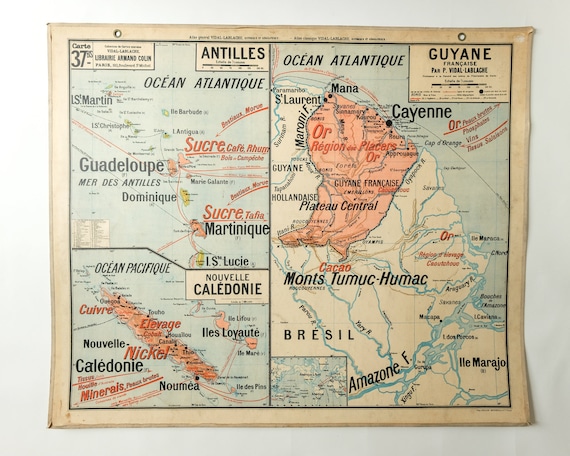 Original Large Vintage Mid Century Double-Sided French School Wall West AFRICA Guyana New Caledonia Antilles MAP Rare Vidal Lablache