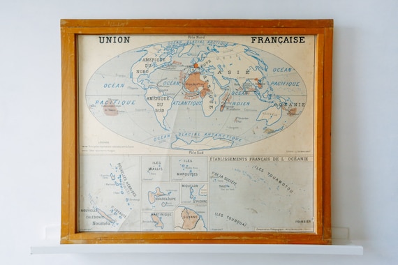 Original Vintage French Educational School Wall Chart PLANISPHERE British EMPIRE French Overseas TERRITORIES