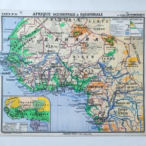 Originale anni '50, grande, vintage, metà secolo, carta da parati scolastica francese fronte-retro, mappa del continente africano, rara Vidal Lablache