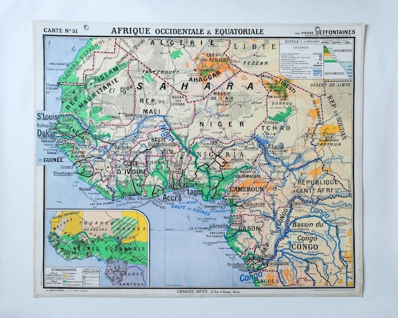 Original 1950s Large Vintage Mid Century Double-Sided French Educational School Wall Chart AFRICA CONTINENT MAP Rare Vidal Lablache