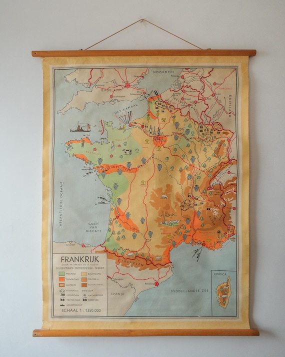 Original Vintage Mid Century Dutch Educational School Wall Chart FRANCE MAP Geography