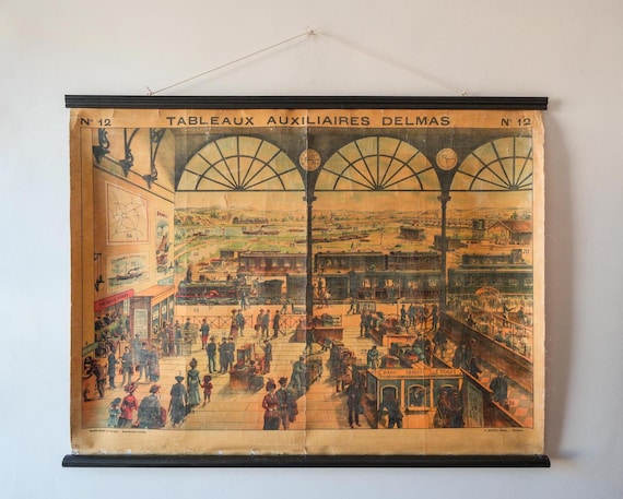Original Vintage ANTIQUE French Educational School Everyday Scene TRAIN STATION Wall Decoration Interiors Delmas Auxiliaires c.1895