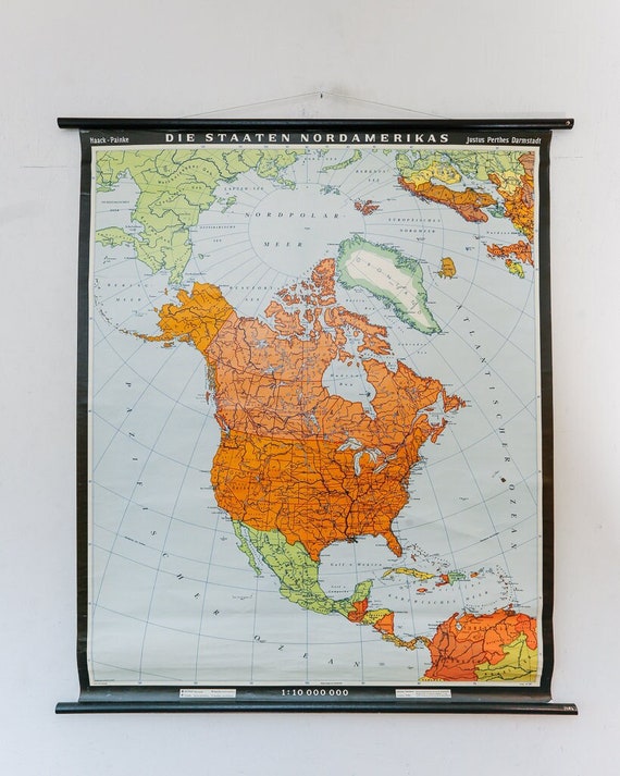 Original Mid Century Large Vintage German Educational School Wall Chart NORTH AMERICA USA Canada Alaska Map Haack