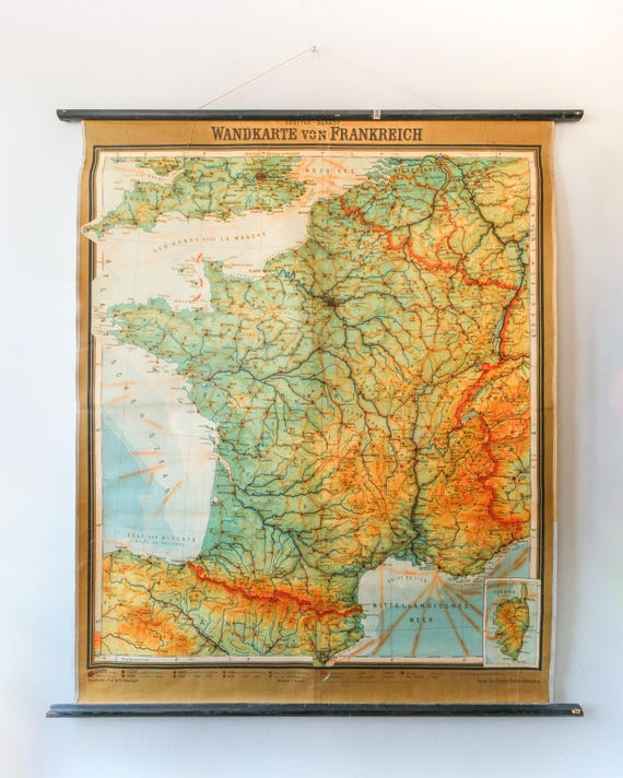 Original HUGE Vintage Mid Century German Educational School Wall Chart FRANCE MAP Geography France Hanging Beautiful Rare Westermann