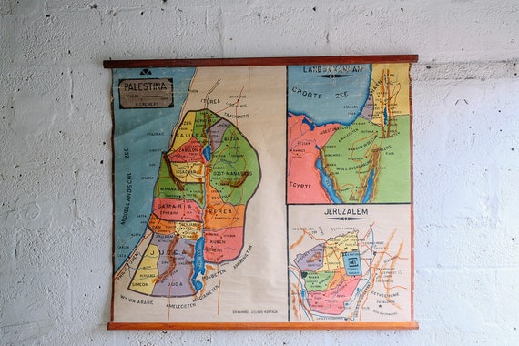 Vintage Flemish Educational School Wall Chart PALETSINE JERUSALEM MAP Geography Hand-Painted Beautiful Rare 1950s