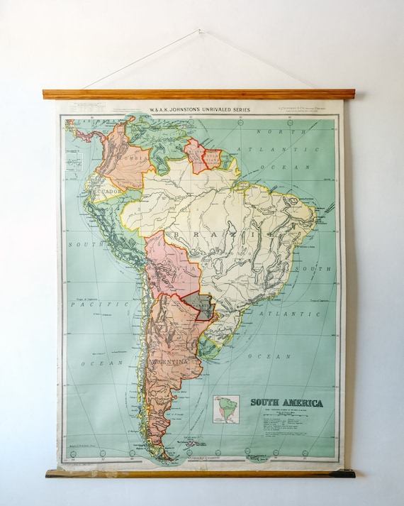 Original Large British Educational School Wall Chart SOUTH AMERICA Continent MAP W & A.K. Johnston Nystrom Beautiful Rare