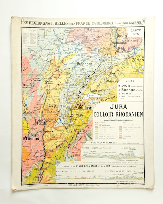Original 1950s Large Vintage French Educational School Wall Chart JURA Double-Sided MAP Beautiful Rare Paul Kaeppelin Lyon Geneva Grenoble
