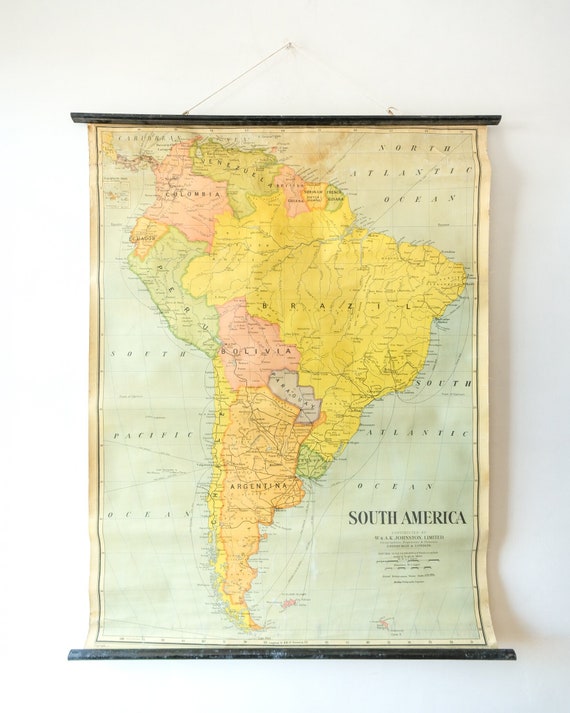 Original Large British Educational School Wall Chart SOUTH AMERICA Continent MAP W & A.K. Johnston Beautiful Rare