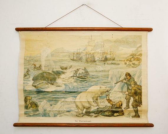 Vintage Antique Old Wall Chart Dutch WHALE HUNTING Scene Cornelis Jetses