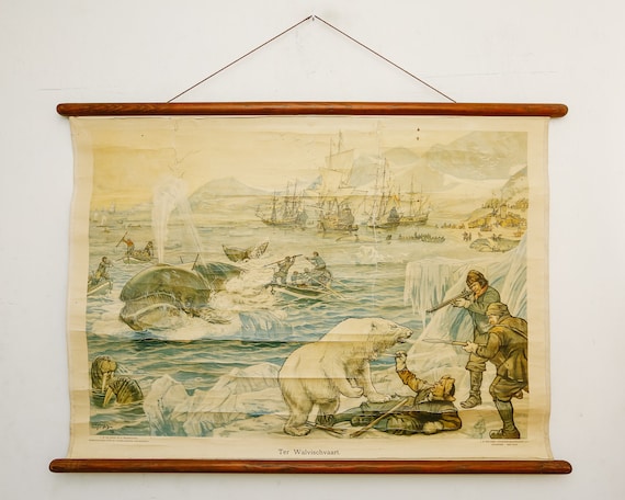 Vintage Antique Old Wall Chart Dutch WHALE HUNTING Scene Cornelis Jetses