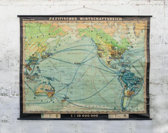 Original Mid Century Large Huge Vintage German Educational School Wall Chart PACIFIC Ocean ECONOMIC MAP Haack