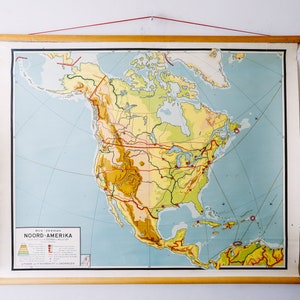 Originele Mid Century Vintage Dutch Educational School Wall Chart USA Noord-AMERIKA Continent MAP Quirky Beautiful Rare Bos