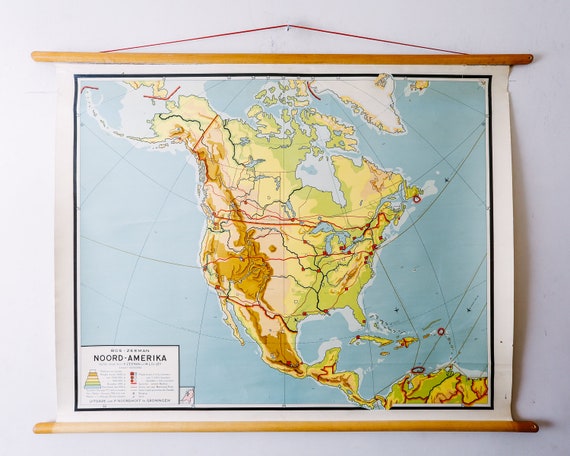 Original Mid Century Vintage Dutch Educational School Wall Chart USA North AMERICA Continent MAP Quirky Beautiful Rare Bos