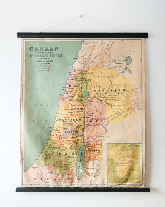 Vintage British Educational School Wall Chart CANAAN Divided Into Twelve TRIBES Historical MAP Geography George Philip 1950s