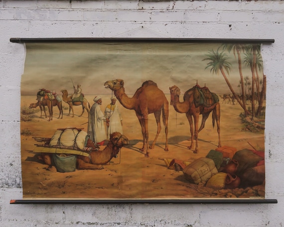 Vintage Antique Old Wall Chart German NORTH AFRICA DESERT Scene Walter Heubach Camels Berber Sahara