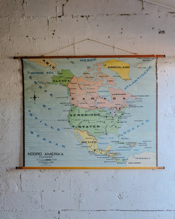 Original Huge Vintage Flemish Educational School Wall Chart North AMERICA USA MAP Geography Hand-Painted Beautiful Rare Canada Mexico