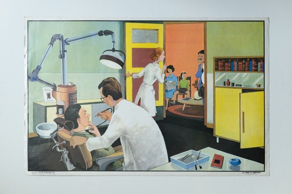 Original Vintage MID CENTURY French Educational School Everyday Scene DENTIST Post Office Wall Decoration Interiors