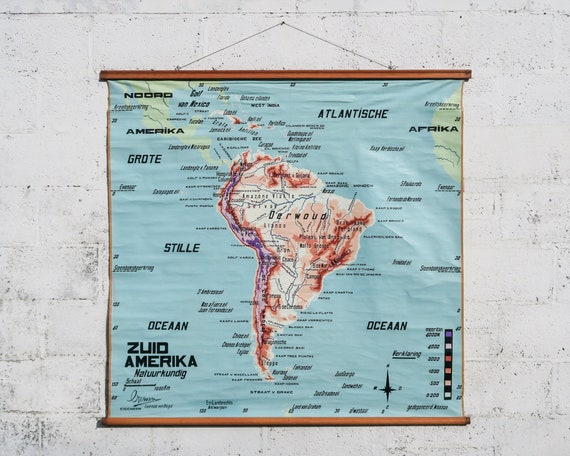 Original Mid Century Huge Large Vintage Flemish Belgian Educational School Wall Chart SOUTH AMERICA MAP Cremer Beautiful