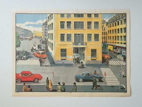 Original Vintage MID CENTURY German Educational School Everyday Scene POLICE Mdi Decoration Interiors