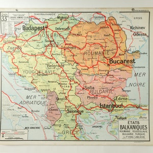 Original Mid Century Large Vintage French Educational School Wall Chart ESTADOS BALCANES Balcanes Turquía Bulgaria Yugoslavia Vidal Lablache