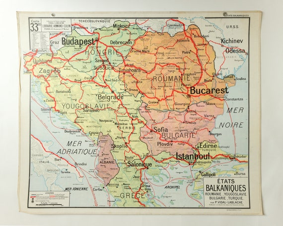 Original Mid Century Large Vintage French Educational School Wall Chart BALKAN STATES Balkans Turkey Bulgaria Yugoslavia Vidal Lablache