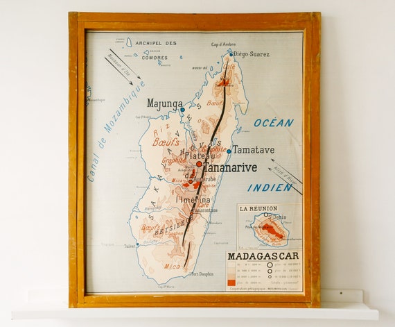 Original Vintage French Educational School Wall Chart MADAGASCAR INDOCHINA Vietnam Thailand Cambodia MAP Beautiful Rare