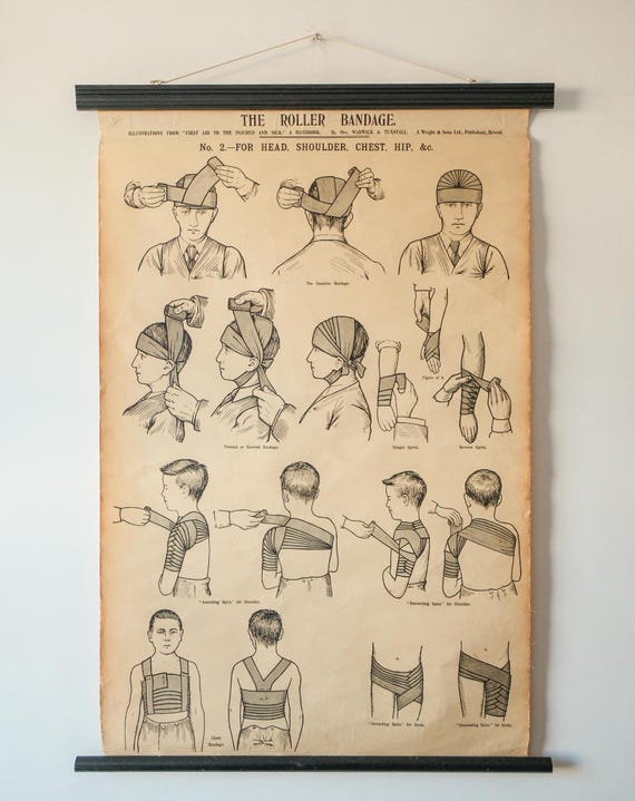 Original ANATOMICAL Vintage British School Wall Chart ROLLER Head BANDAGE Broken Bones Anatomy Wright & Sons First Aid Shoulder Hip Chest
