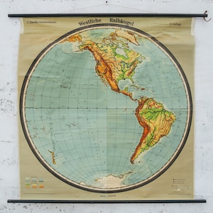 Originale Enorme Grande Vintage Mid Century Mcm Tedesco Scuola Educativa Wall Chart EMISFERO OCCIDENTALE MAPPA Bella Westermann