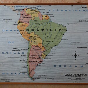 Originele enorme vintage Vlaamse educatieve school muurkaart ZUID-AMERIKA heldere KAART Geografie Handgeschilderd mooi zeldzaam Brazilië Argentinië
