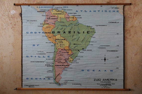 Original Huge Vintage Flemish Educational School Wall Chart SOUTH AMERICA Bright MAP Geography Hand-Painted Beautiful Rare Brazil Argentina
