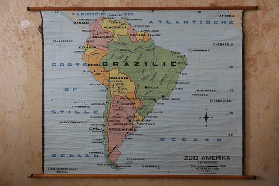 Original Huge Vintage Flemish Educational School Wall Chart SOUTH AMERICA Bright MAP Geography Hand-Painted Beautiful Rare Brazil Argentina